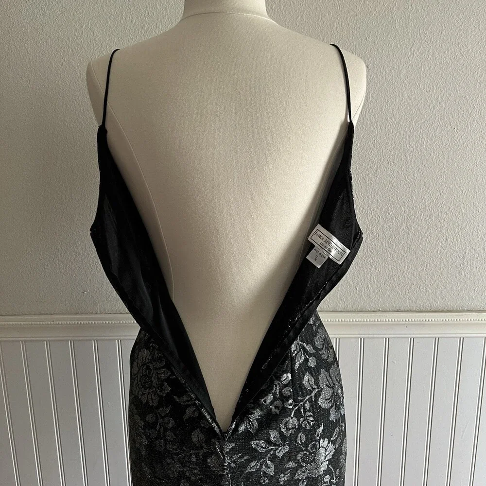 Vtg 90s Y2K Gunne Sax Jessica McClintock Maxi Dress Prom Gown Blk Silver 5/6 - Picture 2 of 11